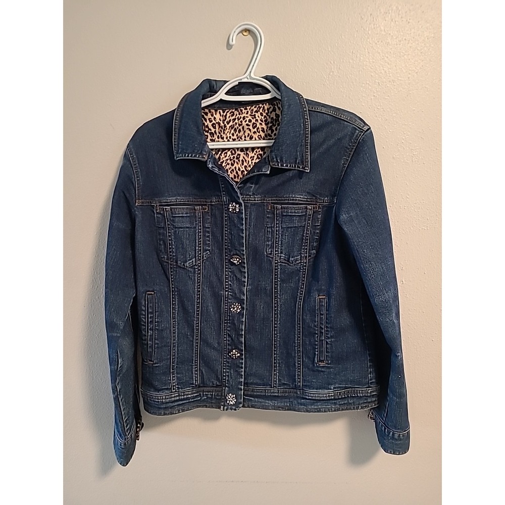 Westbound Vintage Dark Wash Jean Jacket Rhinestone Buttons Women 8 Animal Print